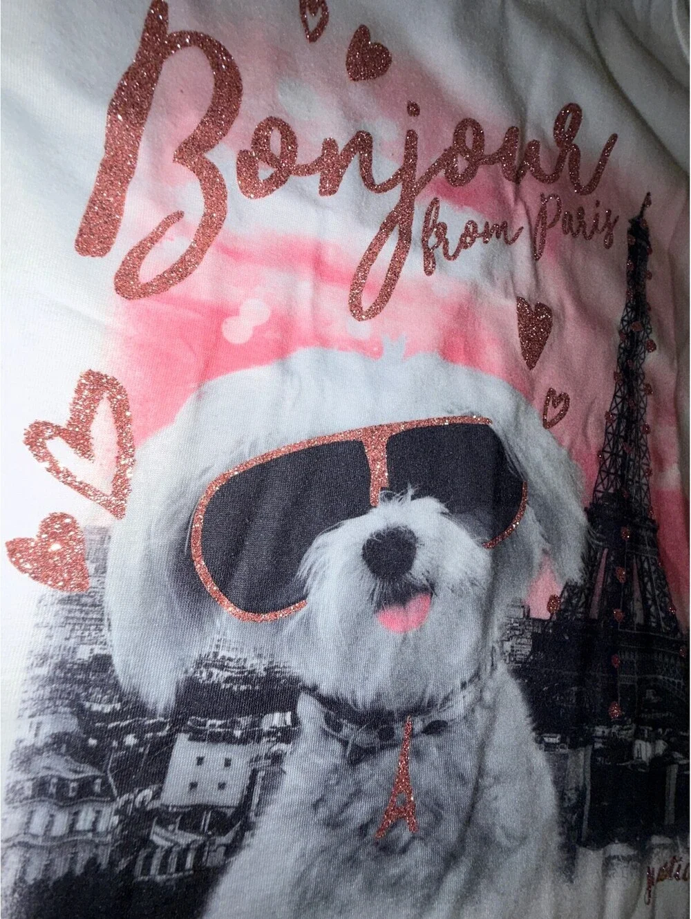 Justice Girls Size 10 White Bonjour Paris Dog Glitter Graphic T-Shirt